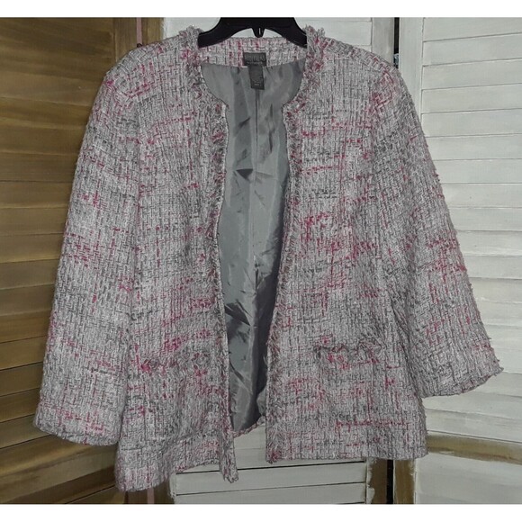 Chico's Tweed Jacket Size 3 Fringed Trim - Picture 1 of 7